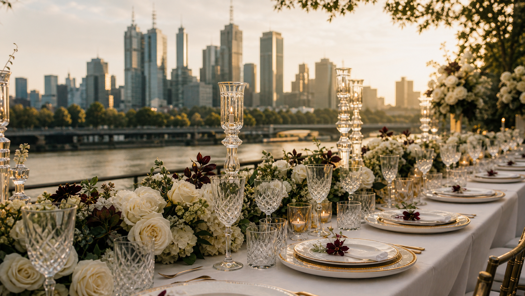 Elegant Melbourne terrace event with florals and city skyline