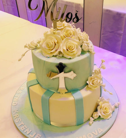 light blue and silver christening cake