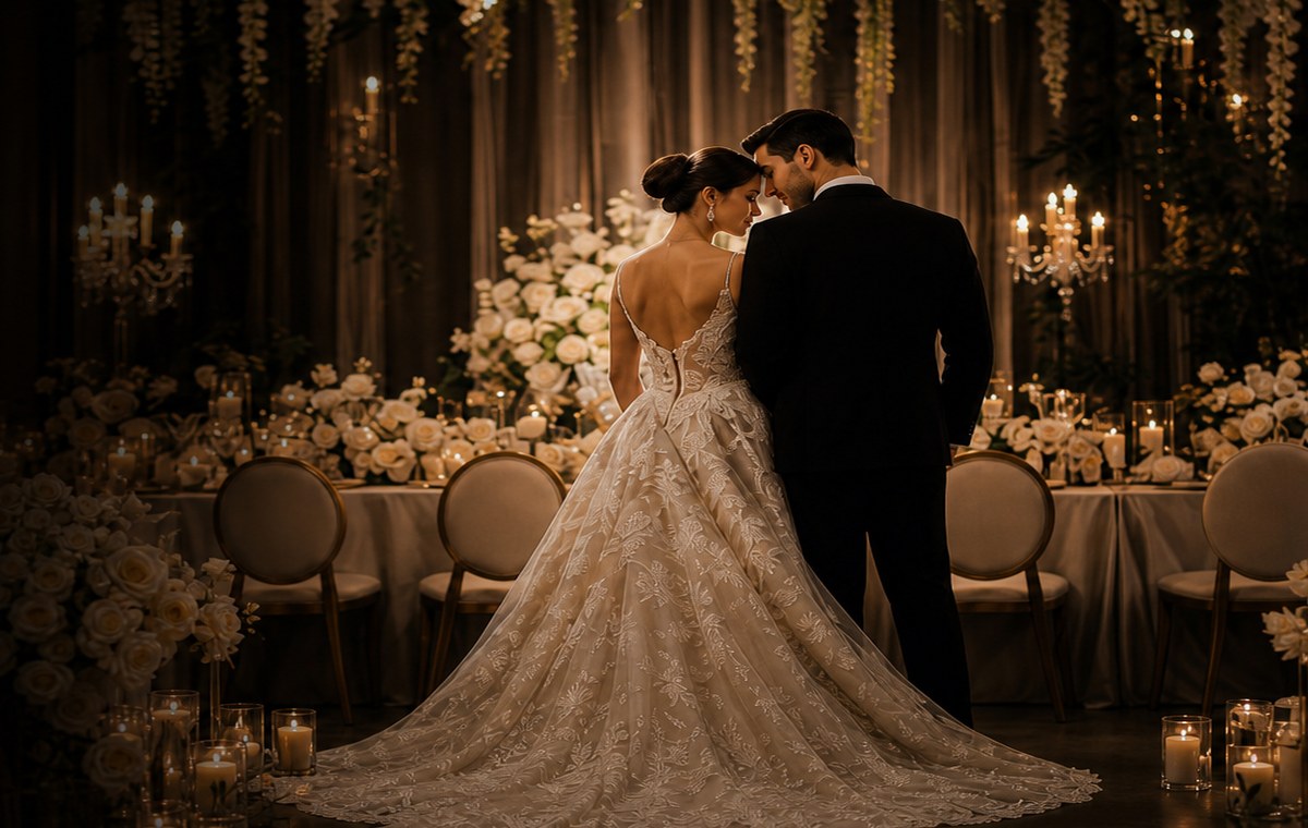 Candlelit reception room styled by Elegant Occasions