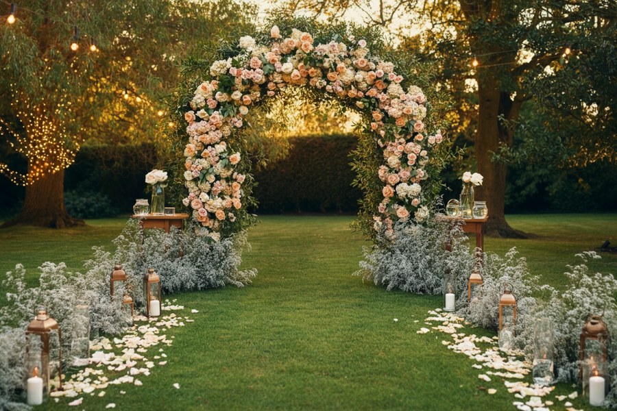Garden ceremony arch filled with pink and white florals